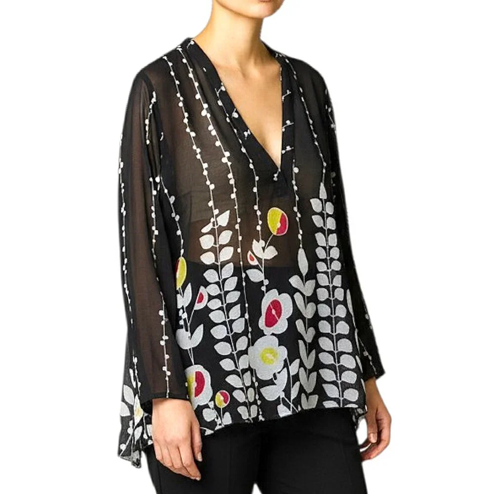 Coldwater Creek V-Neck Tunic Top Black Semi-Sheer Floral Crepe Great Cond - L - Picture 1 of 11